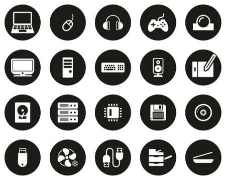 Computer Hardware Icons White On Black Flat Design Circle Set Big イラスト素材