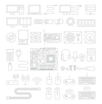 Computer hardware line icons set. Vector Illustration. 스톡 일러스트