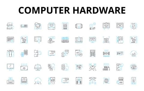 Computer hardware linear icons set. Motherboard, Processor, Graphics, Memory Illustrazione stock
