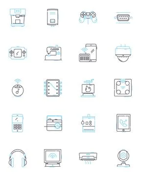 Computer hardware linear icons set. Processor, Motherboard, RAM, Graphics, Hard Stock Illustration