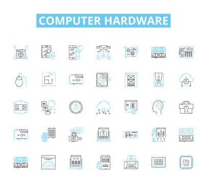 Computer hardware linear icons set. Motherboard, Processor, Graphics, Memory 스톡 일러스트