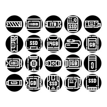 Computer hardware memory and storage glyph icons Stock Illustration