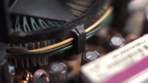 Computer Hardware, Motherboard Macro Close Up, CPU Cooler and Electronic Stock Footage 325497872
