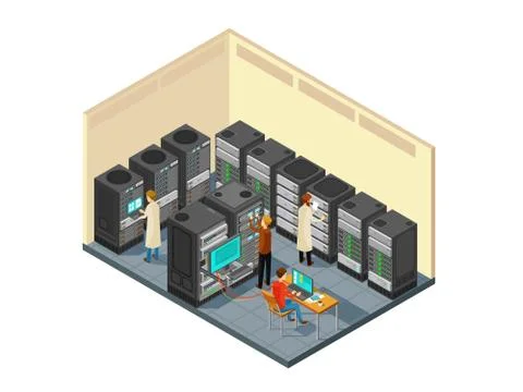 Computer hardware in network server room with staff. Isometric security center イラスト素材
