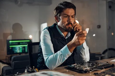 Computer hardware repair, microchip and serious it worker thinking how to fix a Stock Photos