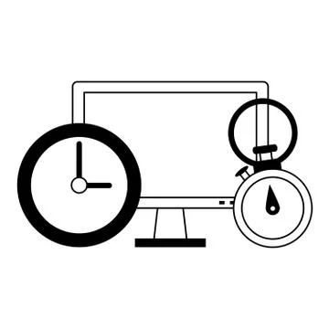 Computer hardware screen with timer and clock in black and white Stock Illustration