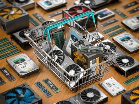 Computer hardware in shopping basket. Buying  pc computer parts online concep Stock Illustration