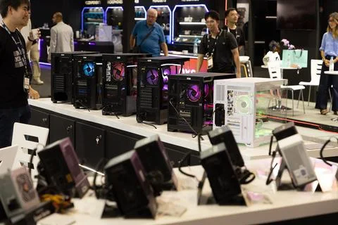 Computer hardware showcase at technology expo event Stock Photos