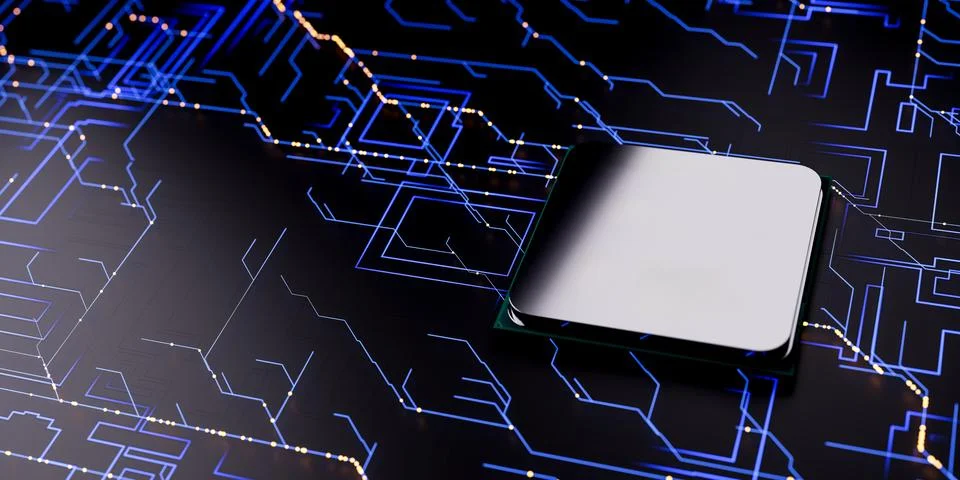 Computer hardware theme with powerful microchip on circuit board, concept of  스톡 일러스트