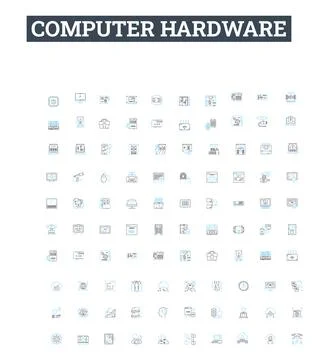 Computer hardware vector line icons set. Computer, Hardware, Monitor, Keyboard Stock Illustration