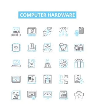 Computer hardware vector line icons set. Computer, Hardware, Monitor, Keyboard Stock Illustration