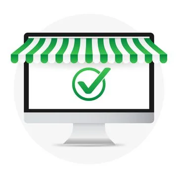 Computer having approved tick notification, successful operation check mark.  Illustrazione stock