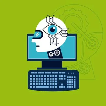 Computer with head robot eye technology artificial intelligence Illustrazione stock