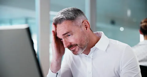 Computer, headache and man with stress in office, thinking or coworking with tax Stock Footage 341436754
