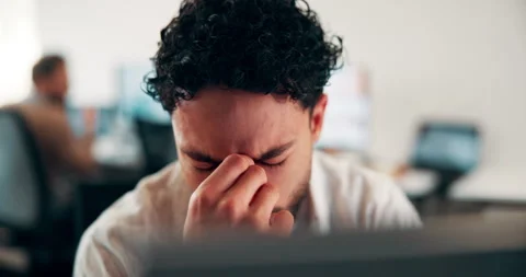 Computer, headache and stress with man programmer in office for burnout or Stock Footage 335940111