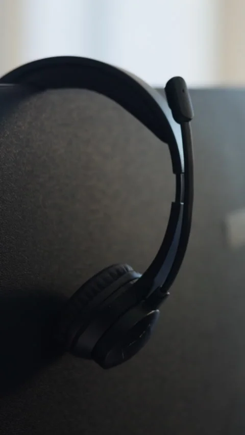 Computer, headphones and empty call center for customer support, help desk or Video stock 338426128