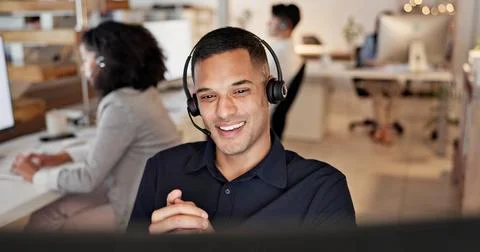 Computer, headset and man consulting in call center for language translation Stock Photos