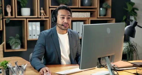 Computer, headset and man in office for sales, typing or lead generation with Stock Footage 342334225