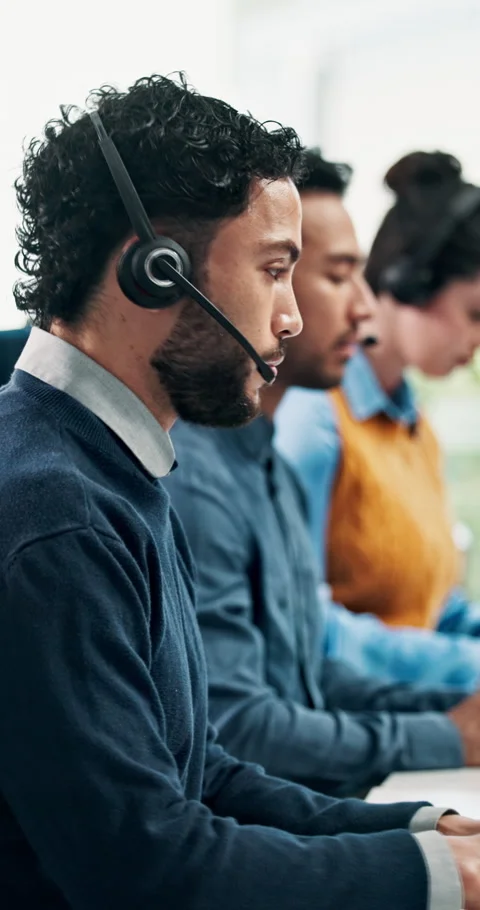 Computer, headset and reading with man in call center for problem solving, Stock Footage 327780727