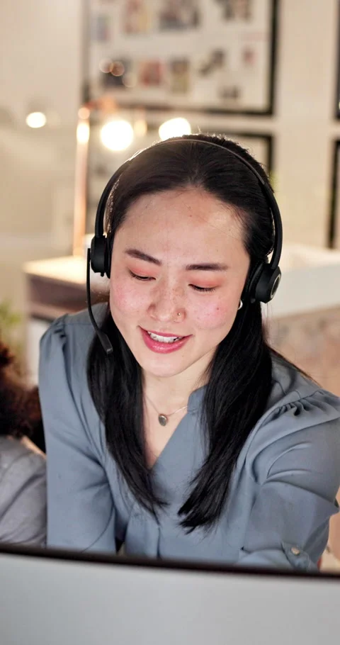 Computer, headset and supervisor with woman in call center for feedback, support Stock Footage 335810993