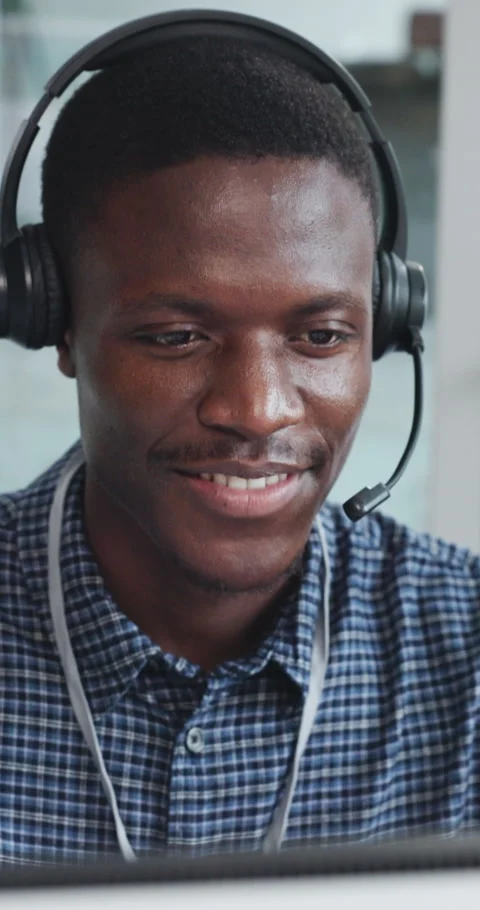 Computer, headset and support with black man in call center for advice Stock Footage 335839776