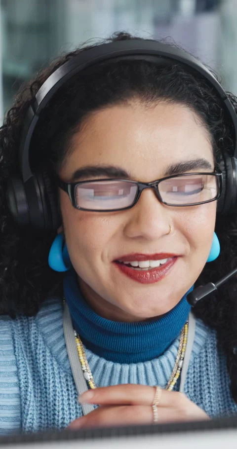 Computer, headset and support with happy woman in call center for conversation Stock Footage 335819590