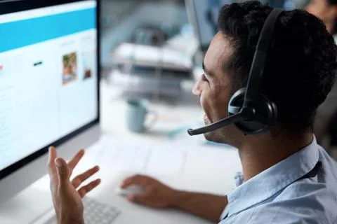 Computer, headset and support with man in call center for assistance, feedb.. Stock Photos