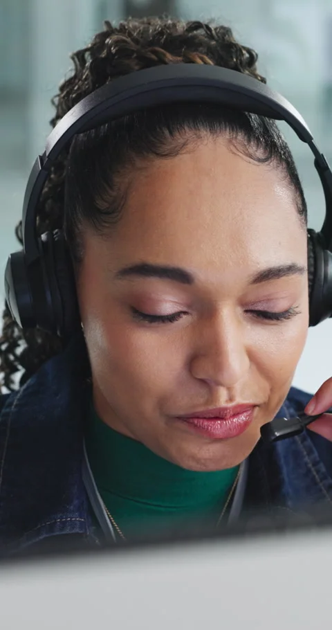 Computer, headset and support with woman in call center for conversation, help Stock Footage 335831052