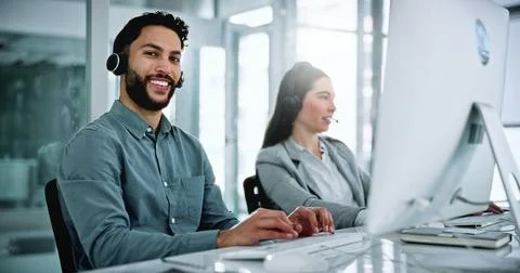 Computer, headset or portrait of call center consultant in office with crm .. Stock Photos