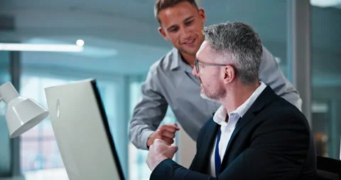 Computer, help and business men with fist bump for feedback, advice and training Stock Footage 341432491