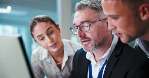Computer, help and manager with team in office for feedback, advice and training Stock Footage 341439290