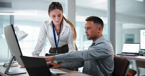 Computer, help and manager with woman in office for feedback, advice and Stock Footage 341429818