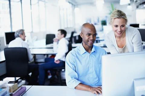Computer, help and research with business people in office for bookkeeping,.. Stock Photos