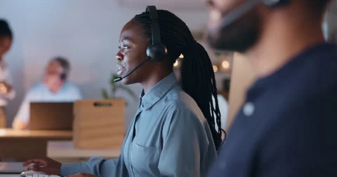 Computer, help or black woman with telemarketing, call center or connection with Stock Footage 245433672