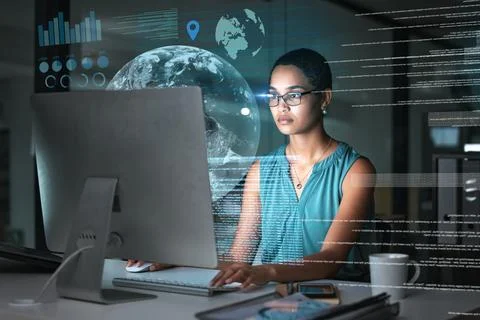 Computer hologram, global network and woman reading data analysis of earth 스톡 사진