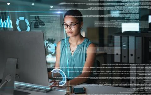 Computer hologram hud, chart or woman review finance work, stock market database Stock Photos