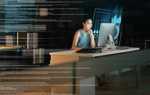 Computer, hologram hud or person reading future administration dashboard, ui Stock Photos