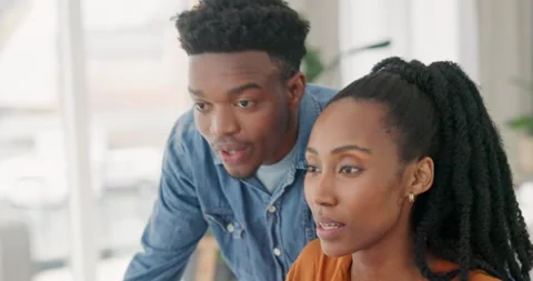 Computer, home office and couple black people planning, search website Stock Footage 254770166