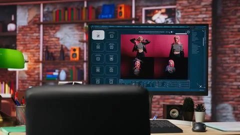 Computer in home office showing program converting text prompts into photos 스톡 사진