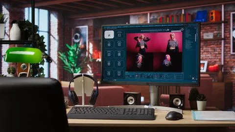 Computer in home office showing program converting text prompts into photos Stock Photos