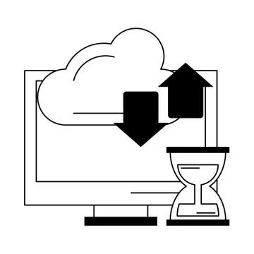 Computer with hourglass and cloud transfer in black and white Illustrazione stock