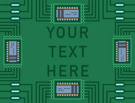 Computer IC chip template microchip on detailed printed circuit board design Illustrazione stock