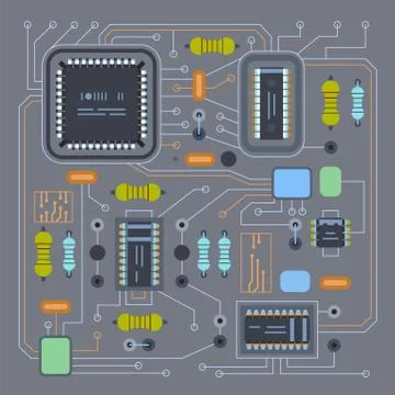 Computer IC chip template microchip on detailed printed circuit board design イラスト素材