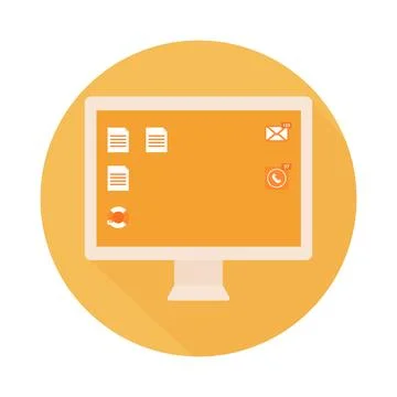 Computer icon in flat style on round yellow background. Vector illustration Stock Illustration