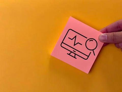 A computer icon from a medical post is painted on office paper. medical care  Stock Photos