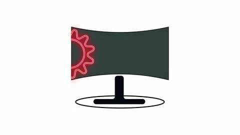 Computer icon Neon pink gear and base against a white background. 스톡 일러스트
