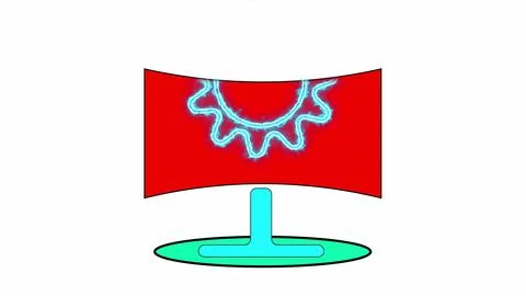 Computer icon Neon red gear and base against a white background. Stock Illustration