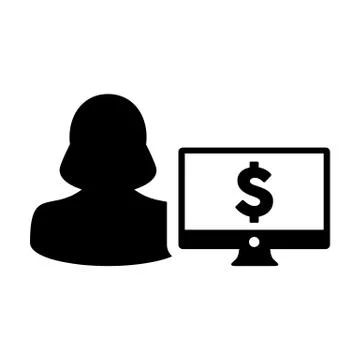 Computer icon vector female person user avatar with monitor screen and dollar Stock Illustration