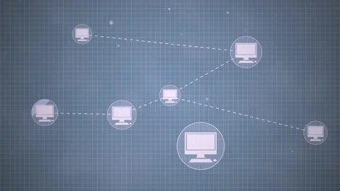 A Computer icons appear connecting across multiple computers on network blue Stock Footage 155304987