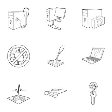 Computer icons set, outline style 스톡 일러스트